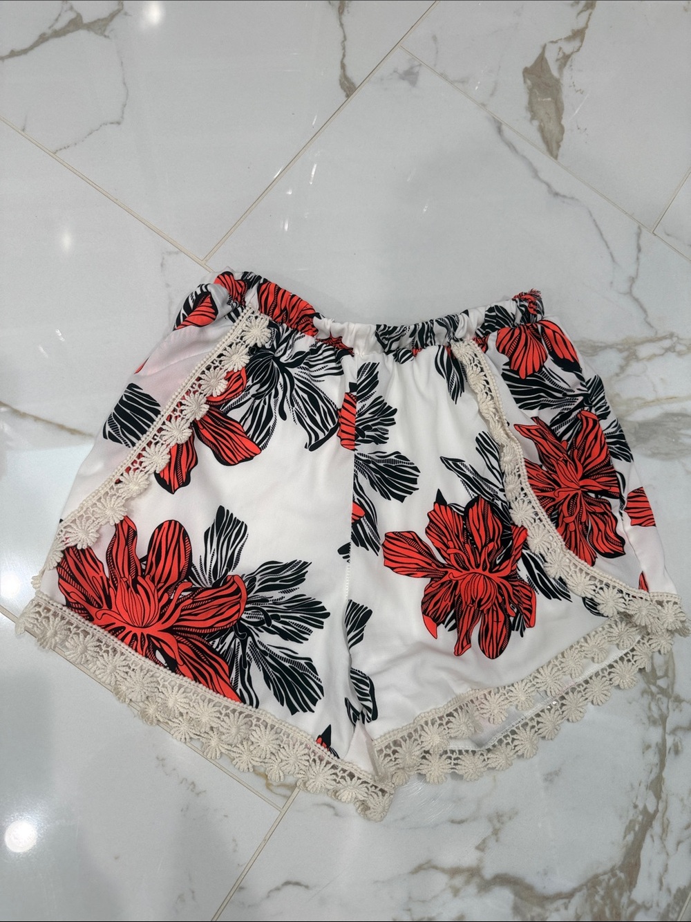Floral Lace Trim Elastic Waist Women's Shorts Small